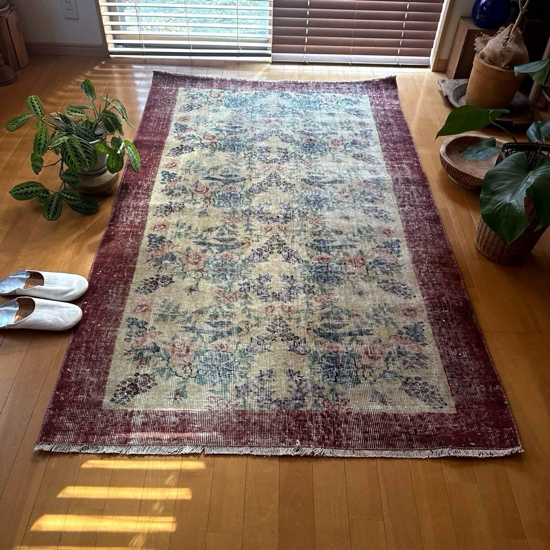 貴重116×190幸せの青い鳥　birdラグボタニカル　トルコヴィンテージラグ