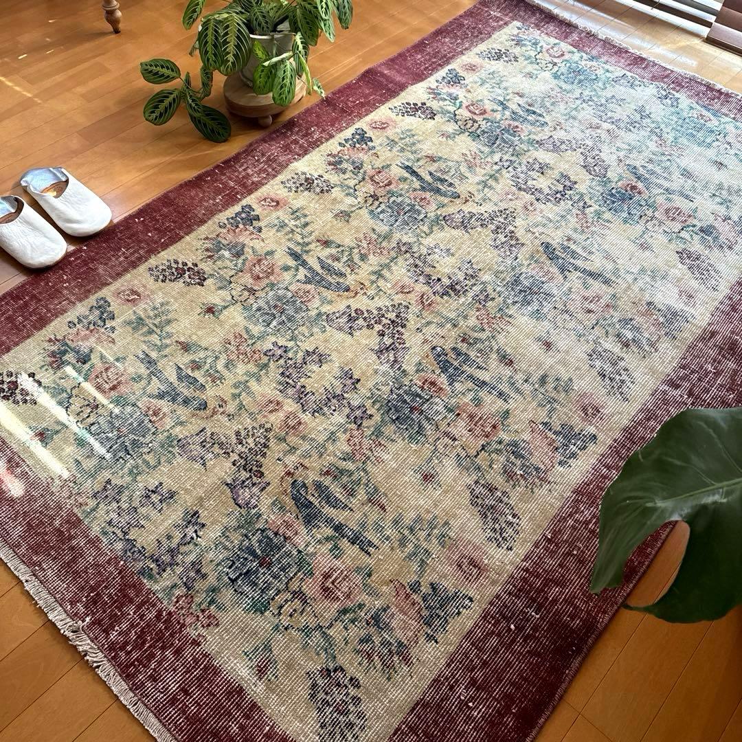 貴重116×190幸せの青い鳥　birdラグボタニカル　トルコヴィンテージラグ