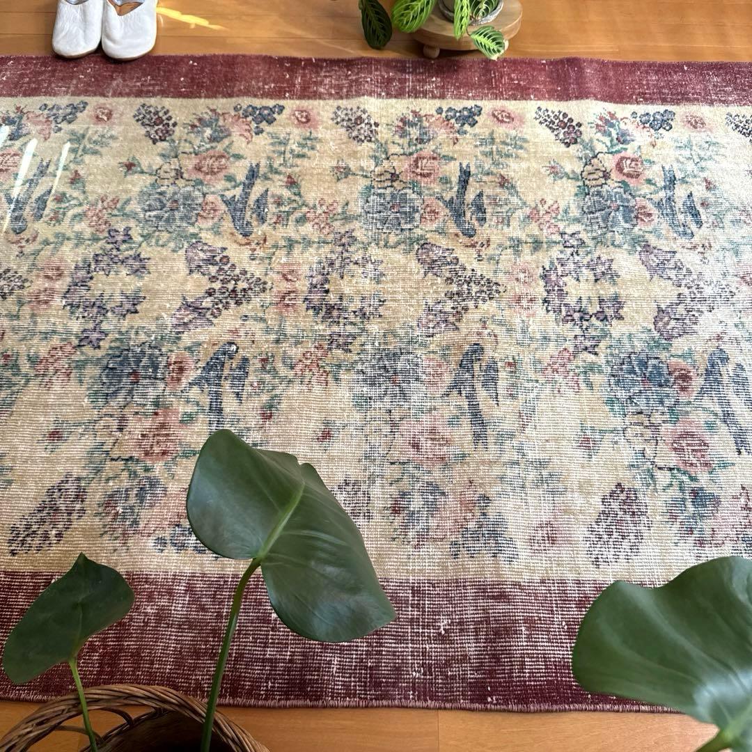 貴重116×190幸せの青い鳥　birdラグボタニカル　トルコヴィンテージラグ