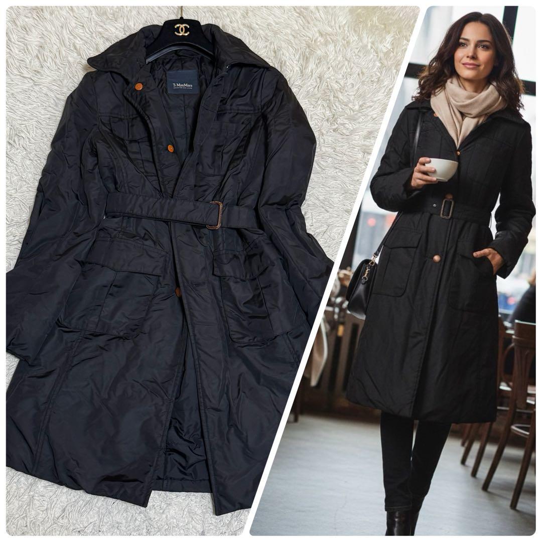 グースダウン✨エスマックスマーラ ダウンコート ロング ブラック ベルト付 38