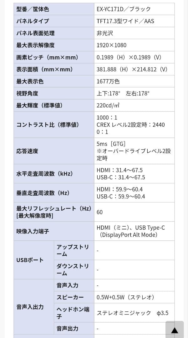 アイオーデータ　EX-YC171D 17.3インチ モバイルモニター