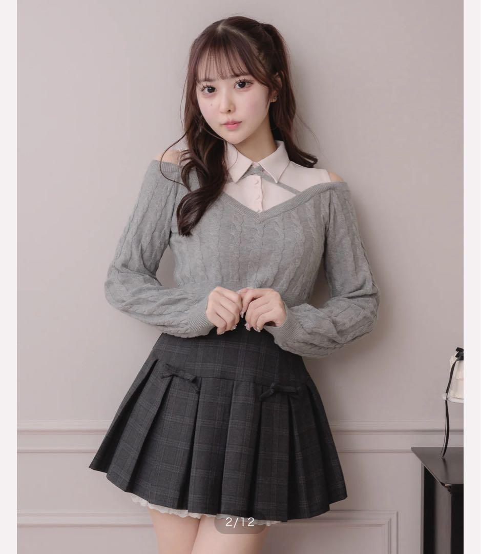 piumシャツレイヤードオープンショルダーニット