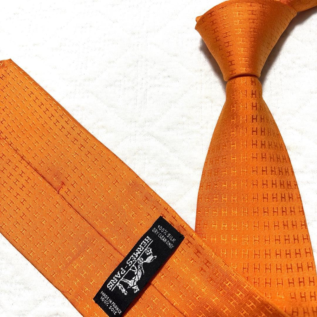 HERMES　エルメス　ネクタイ　ファソネ　H柄　オレンジ　美品