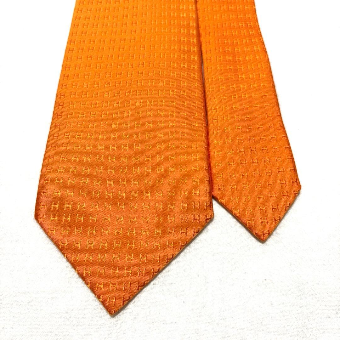 HERMES　エルメス　ネクタイ　ファソネ　H柄　オレンジ　美品