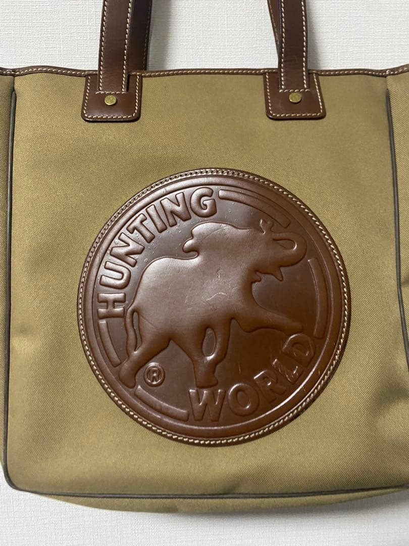 ハンティングワールド　トートバッグ　サファリ　カーキ　キャンバス 革　A4可