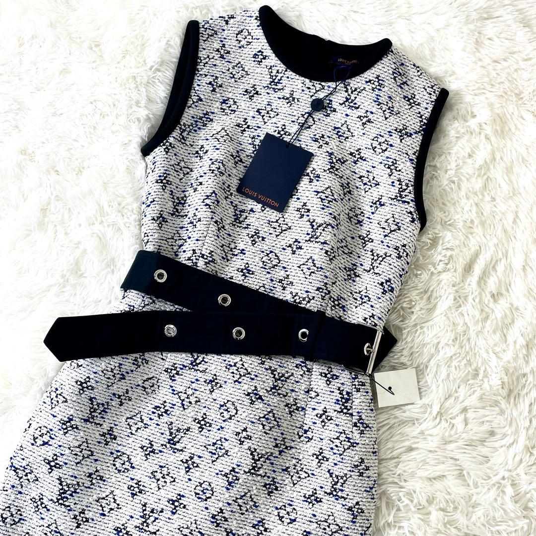 タグ付き　ルイヴィトン　ツイード　ワンピース　ノースリーブ　ウエストベルト