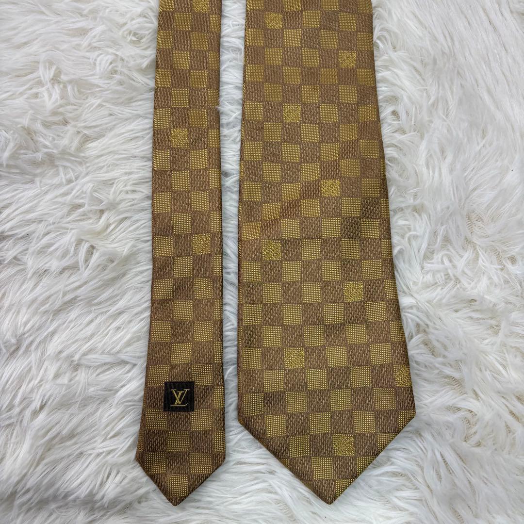 ルイヴィトン ダミエ 現行 チェック柄 シルク ネクタイ ゴールド