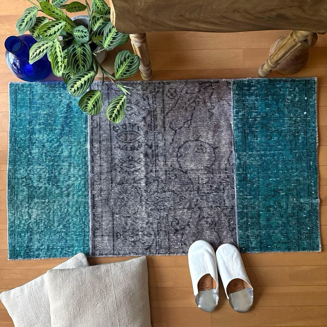 67.5×119パッチワーク　ブルーグリーン×グレイ　トルコヴィンテージラグ