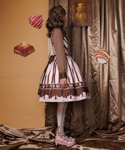 Chalmiere シャルミエール ボンボンショコラ柄ジャンパースカート ピンク