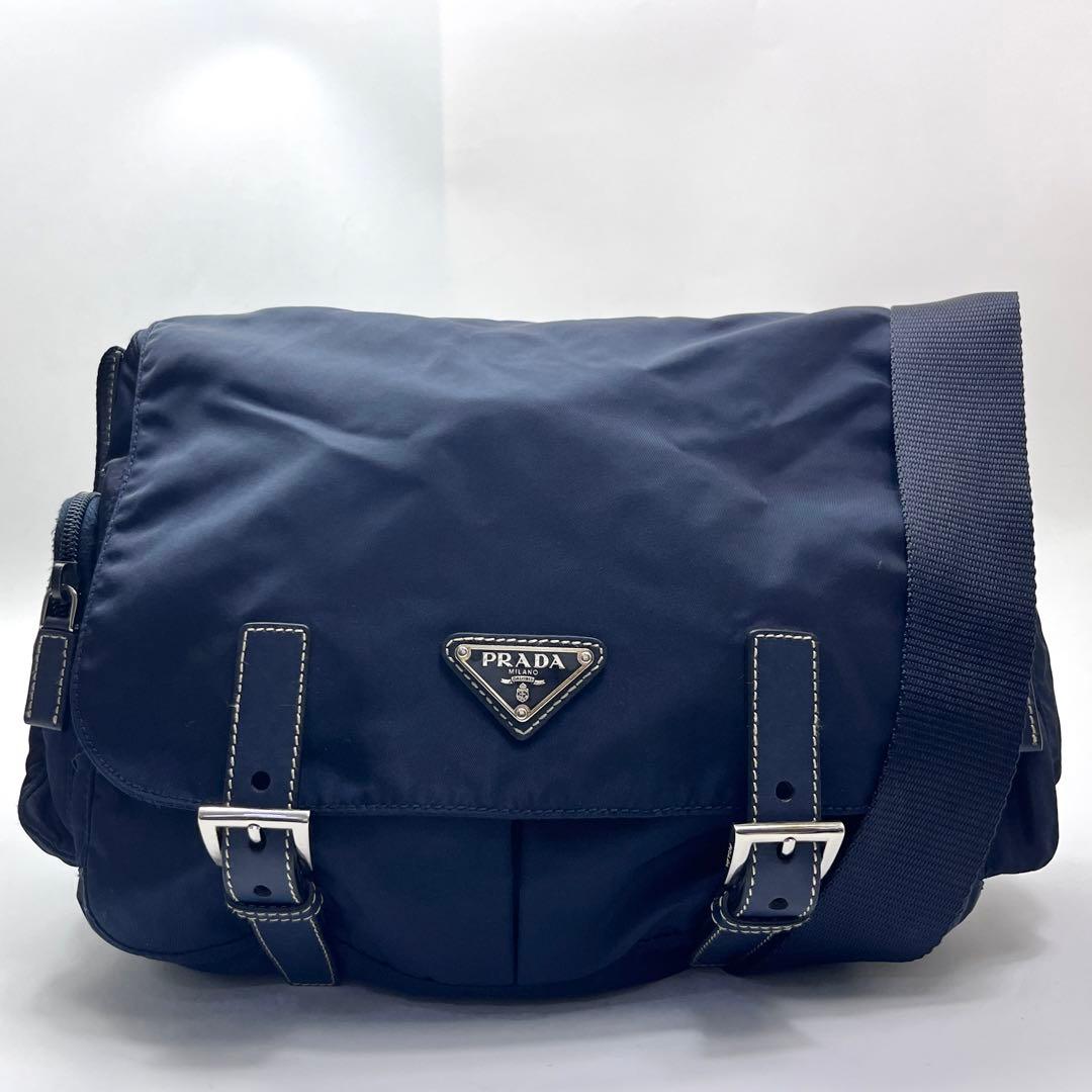 PRADA プラダ メッセンジャーバッグ 三角ロゴ ナイロン レザー ネイビー