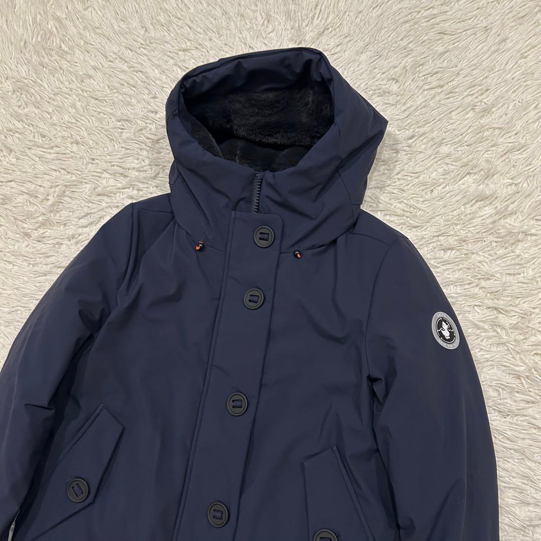 美品 セイブザダック エコダウンジャケット ネイビー　短丈　フード防風　防水