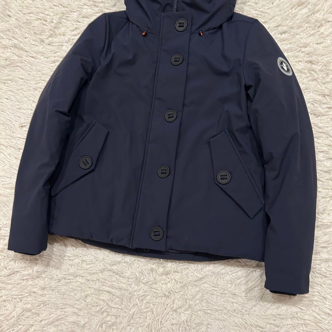 美品 セイブザダック エコダウンジャケット ネイビー　短丈　フード防風　防水