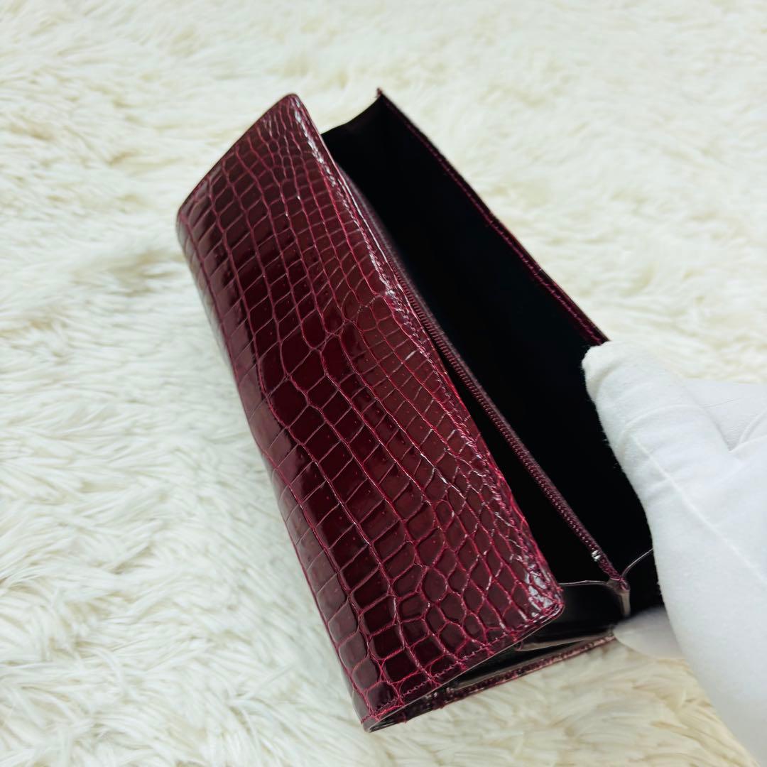 ＪＲＡ シャイニークロコダイル 長財布 ワインレッド 穿孔 クロコダイル 財布