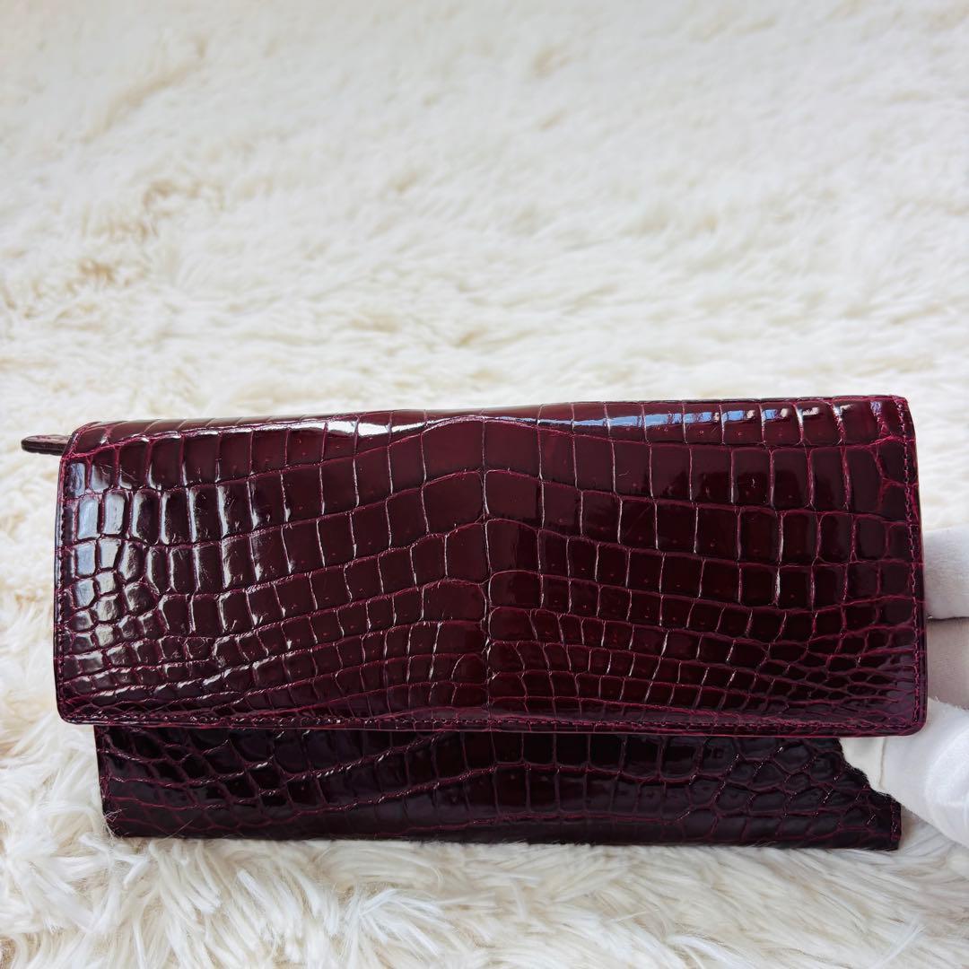 ＪＲＡ シャイニークロコダイル 長財布 ワインレッド 穿孔 クロコダイル 財布