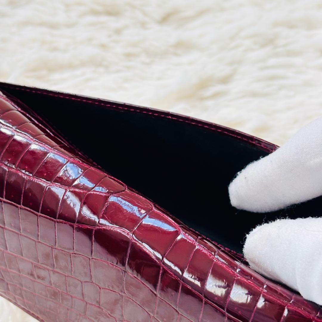 ＪＲＡ シャイニークロコダイル 長財布 ワインレッド 穿孔 クロコダイル 財布