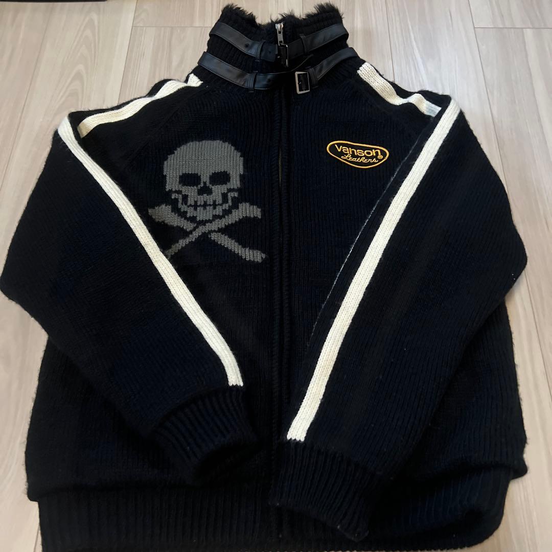 美品！VANSON バンソン スカル ニットジャケット ドクロ 裏地ボア 3XL