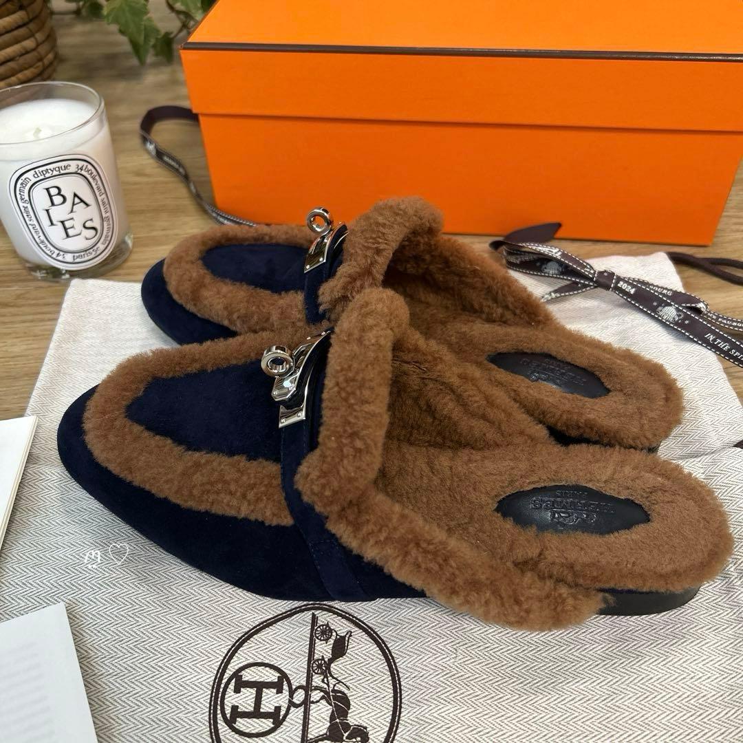 HERMES　エルメス　ミュール　オズ　38　ケリーバックル　ボア　今季シューズ
