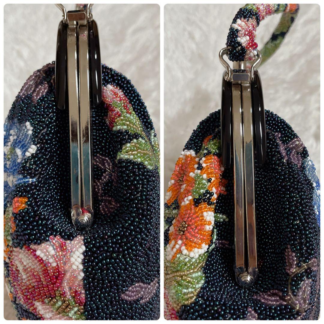 【美品】ビーズバッグ　手刺繍　総柄　花柄　総ビーズバッグ　和装　がま口 手鏡付き