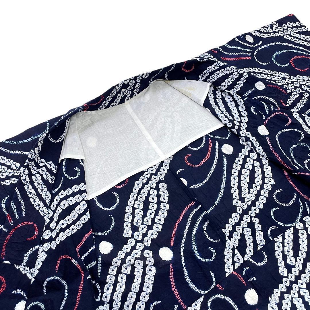 有松鳴海絞り 夏着物 浴衣 綿 斜め縞 濃紺 手縫い仕立て A-2314