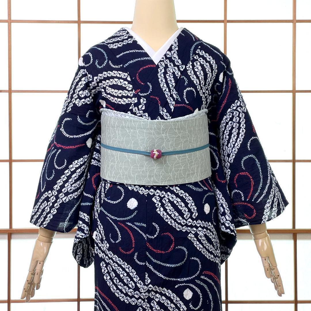 有松鳴海絞り 夏着物 浴衣 綿 斜め縞 濃紺 手縫い仕立て A-2314