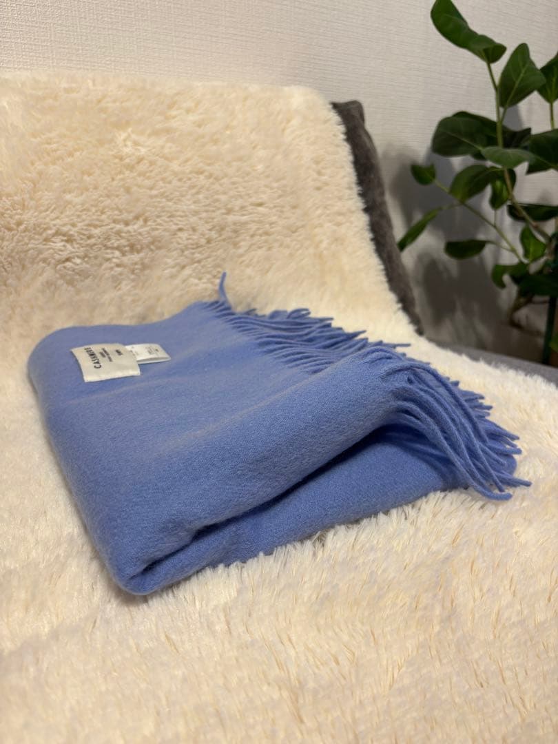 シップス　ラグジュアリー　ピュアカシミア　大判ストール　水色