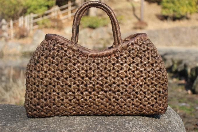 山胡桃木 クルミ 六角花結び編み 山葡萄 籠 かご バッグ コンパクト 巾着