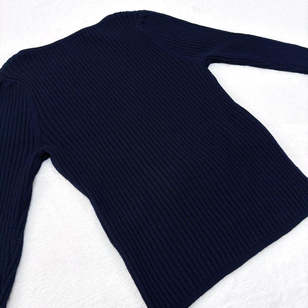 【エムズグレイシー】40 ウール リブ ニット ネイビー リボン クルーネック