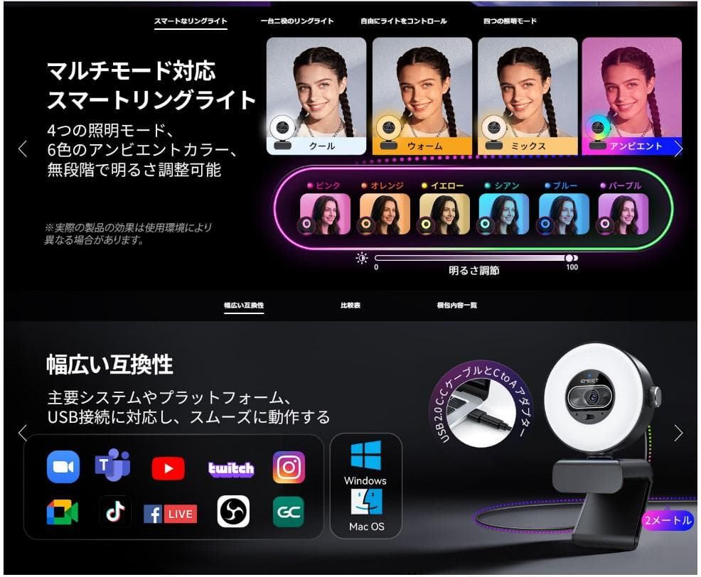 【EMEET】S600L 4K Webカメラ リングライト一体型 自動露出