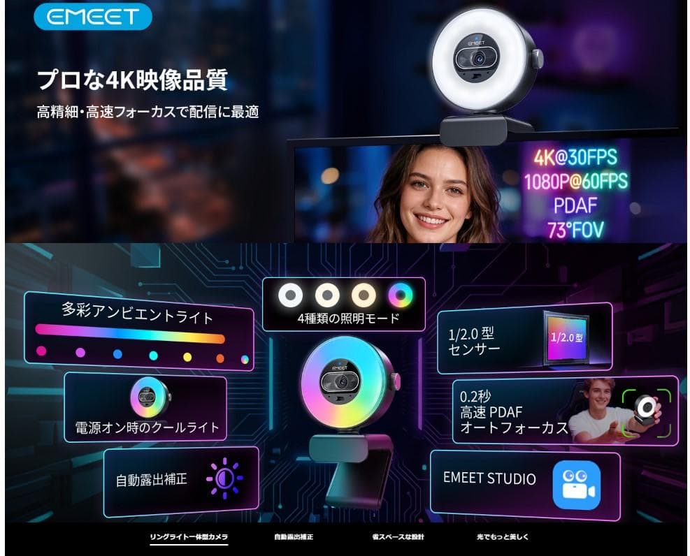 【EMEET】S600L 4K Webカメラ リングライト一体型 自動露出