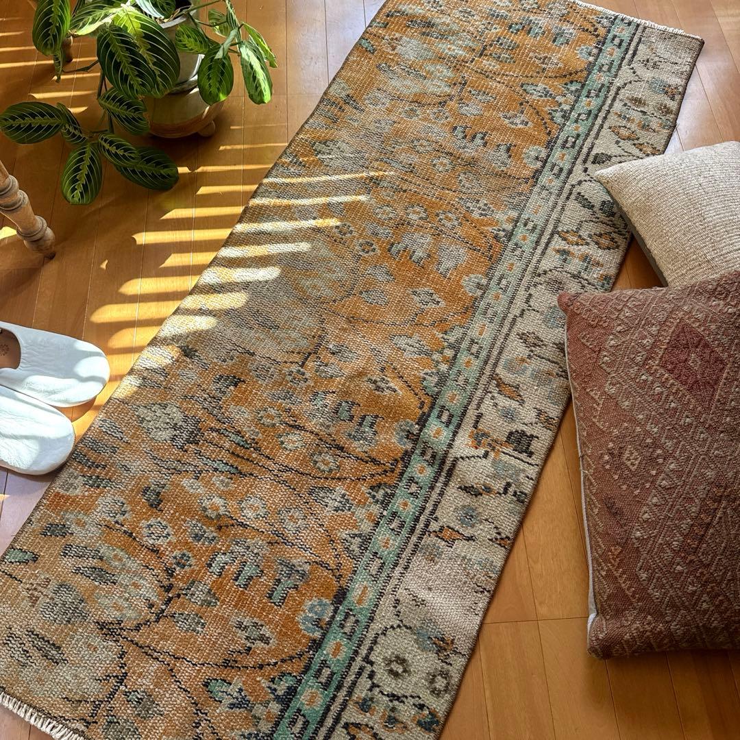 59×147オレンジボタニカル　擦れ　ランナー　トルコヴィンテージラグ