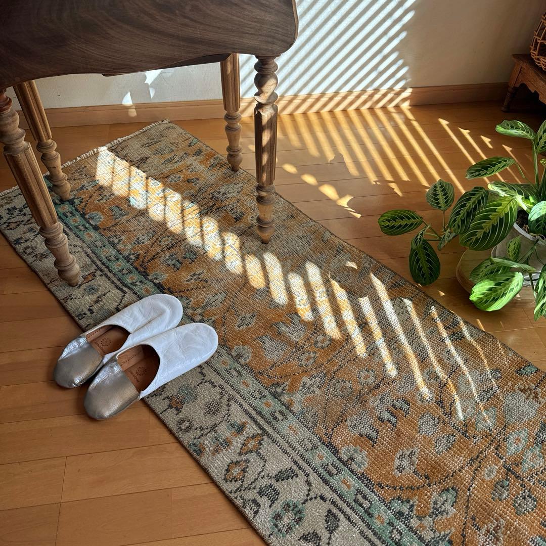 59×147オレンジボタニカル　擦れ　ランナー　トルコヴィンテージラグ