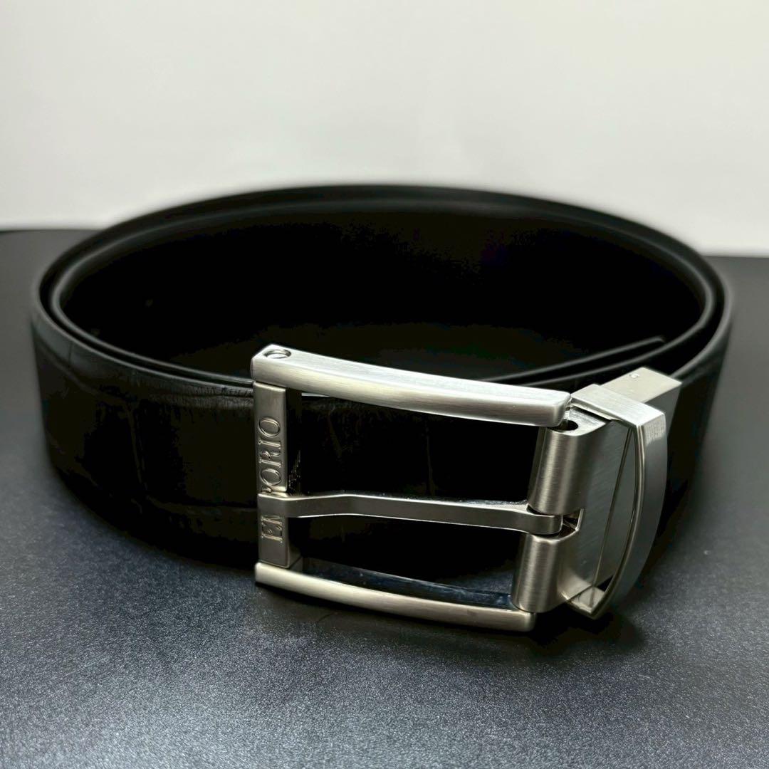 極美品 エンポリオアルマーニ ベルト レザー クロコ型押し シルバー金具 黒