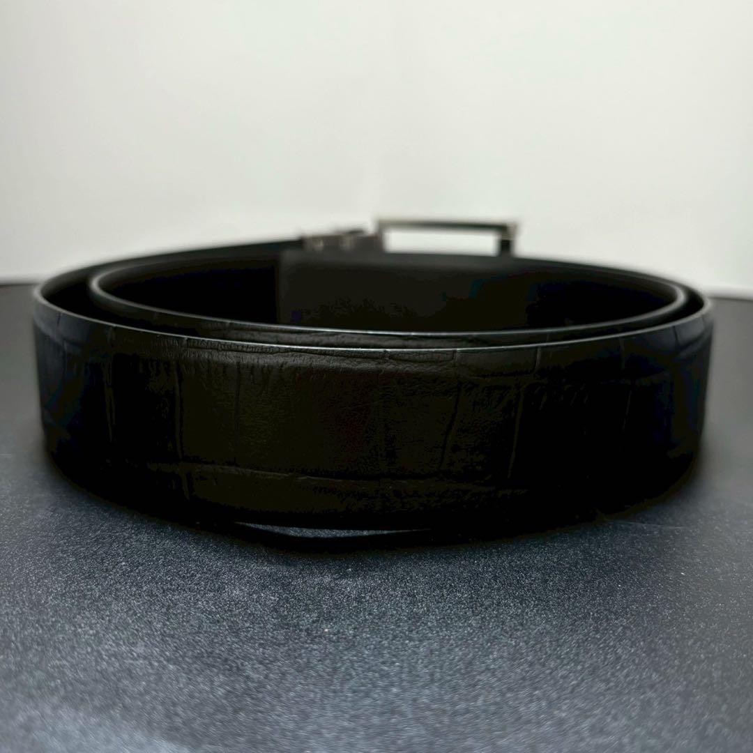 極美品 エンポリオアルマーニ ベルト レザー クロコ型押し シルバー金具 黒