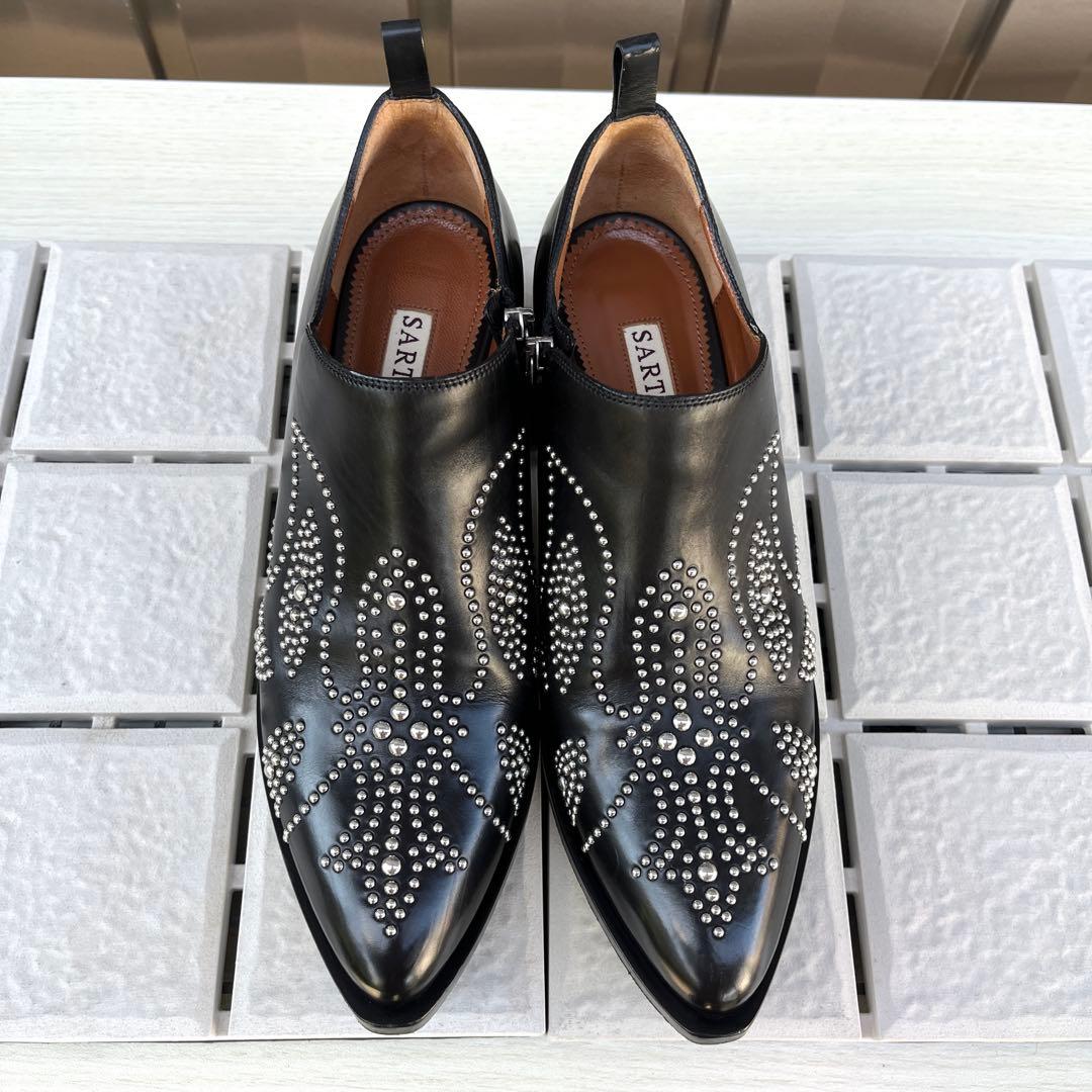 37.5 SARTORE ショートブーツ　黒　スタッズ　スリッポン　24.5