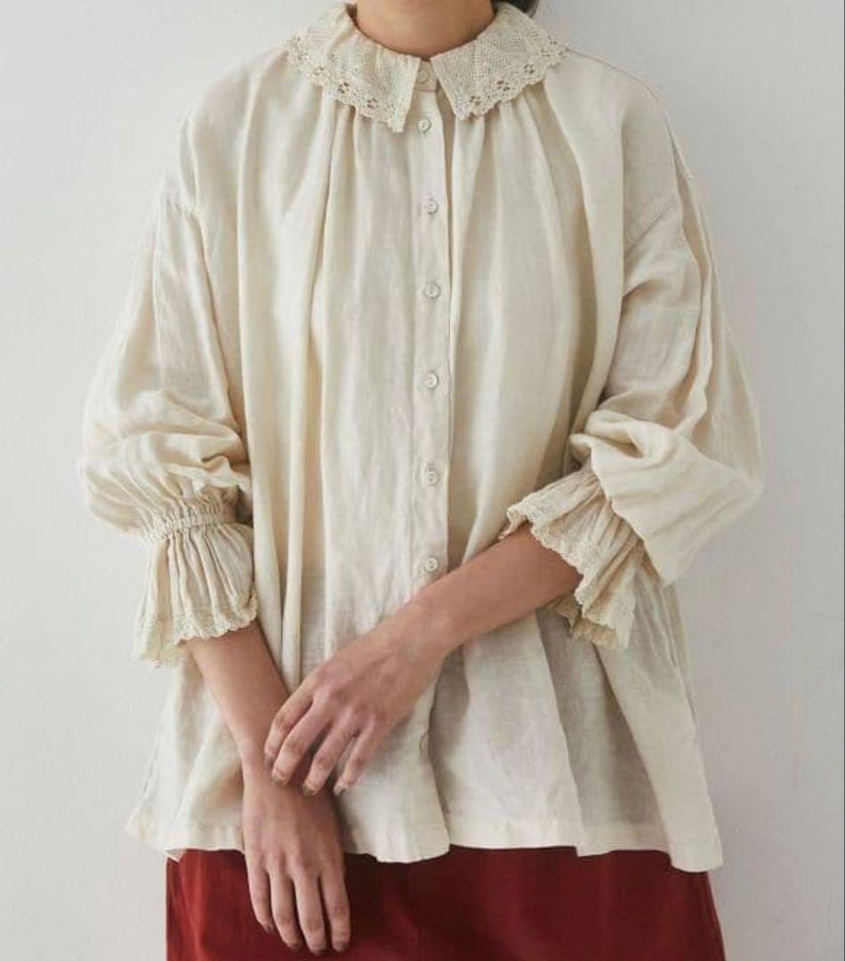 nest robe リネンレース襟ギャザーブラウス