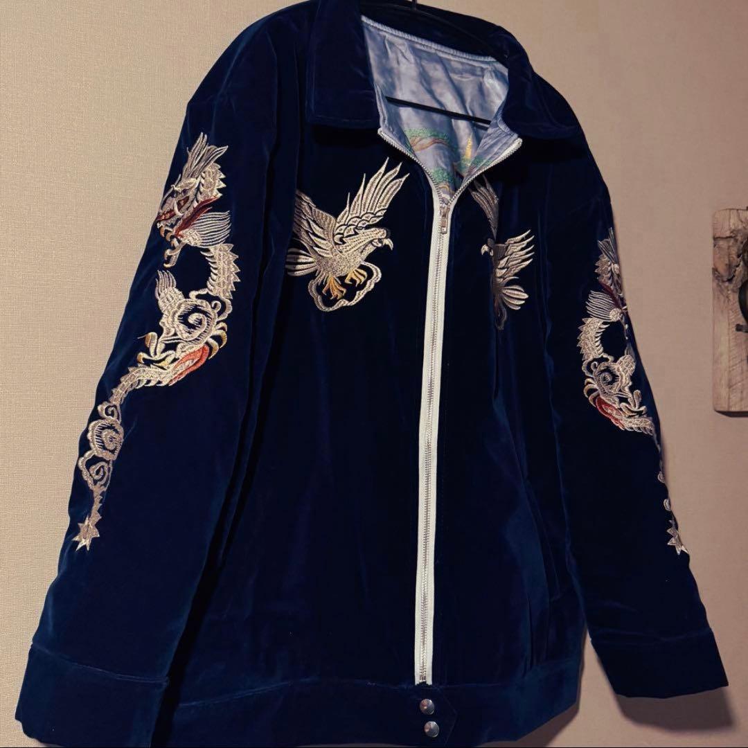 TK【中綿ブルゾン】刺繍ドラゴンと鷲のベルベットジャンパー　ネイビー