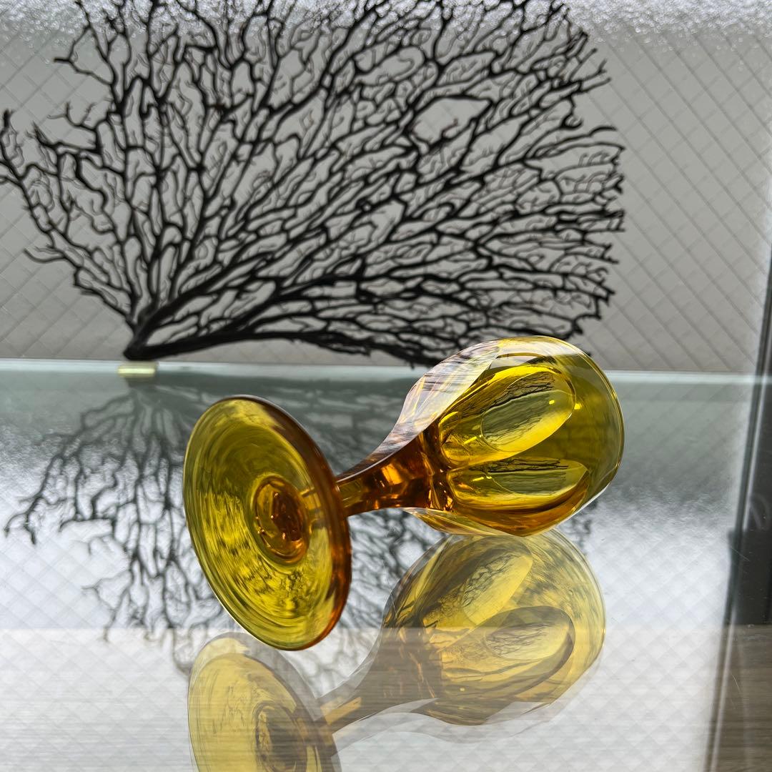 骨董　時代ガラス　希少鼈甲色　ライトアンバー飴色　オーバルカット　切子　ウラン