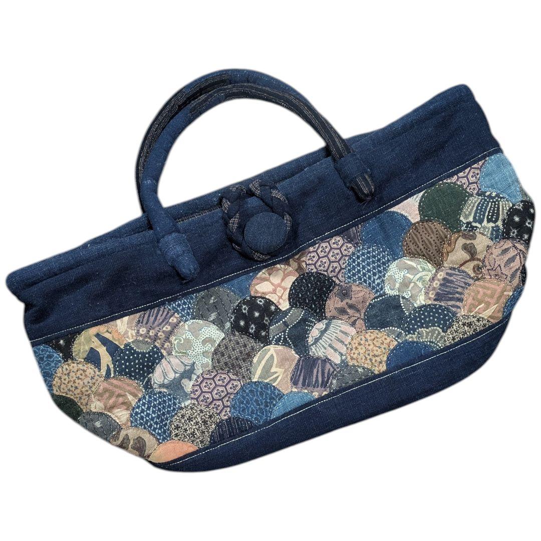ハンドメイド 古布 パッチワーク トートバッグ 藍染 刺し子 クラムシェル
