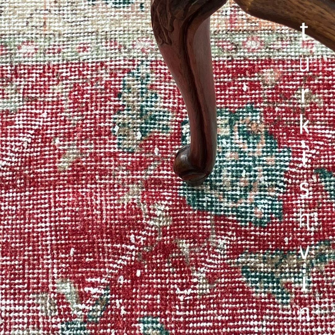 レア✳︎シャビーレッド　囲みコーラルオレンジ　フラワー　トルコヴィンテージラグ