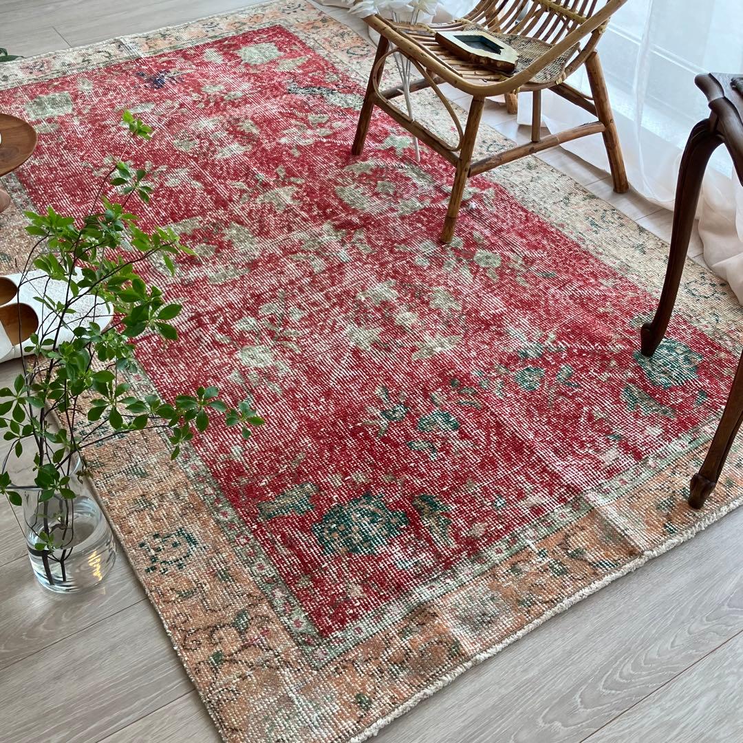 レア✳︎シャビーレッド　囲みコーラルオレンジ　フラワー　トルコヴィンテージラグ