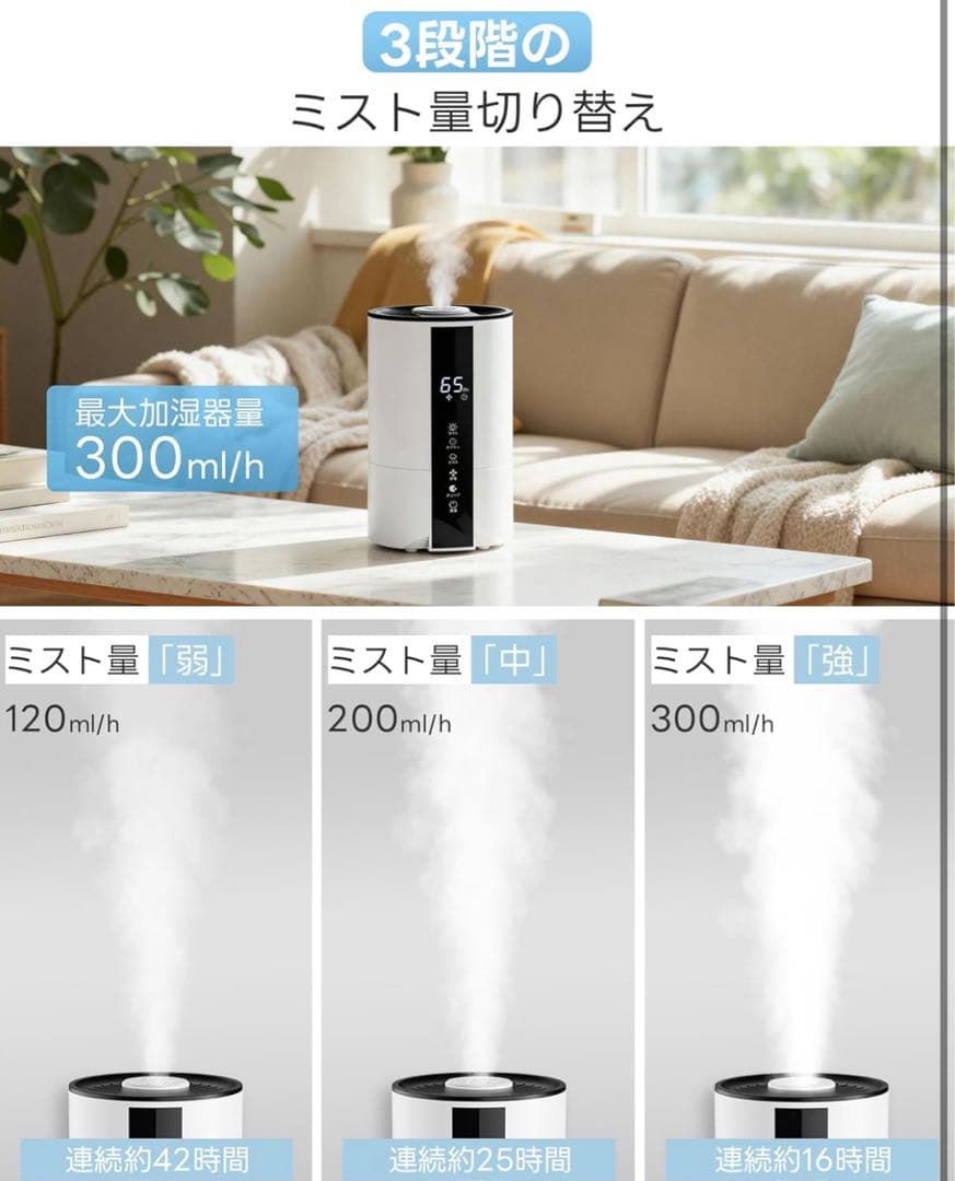 新品未使用 加湿器 卓上 小型 大容量 5L【冬新登場・知能恒湿】 超音波式