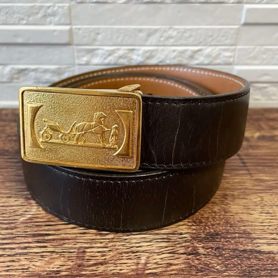 エルメス レザー 馬車金具 バックル ゴールド金具 ベルト ダークブラウン.