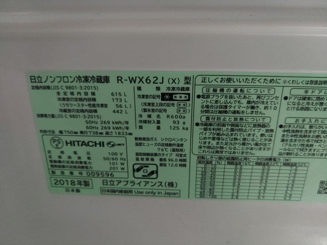 HITACHI 6ドア冷蔵庫 観音開き 真空チルド　ミラータイプ