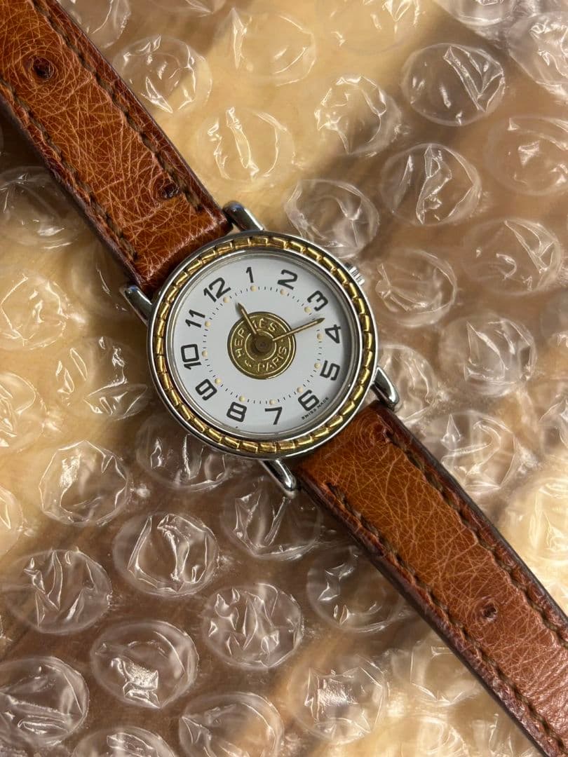 稼働 エルメス セリエ 純正ベルト　ホワイトレディース腕時計 オーストリッチ