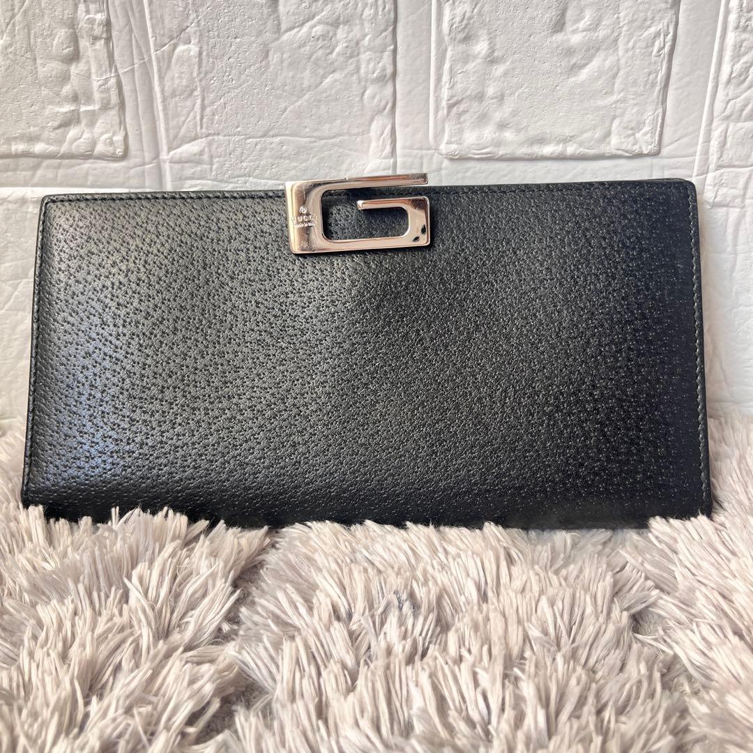 美品✨GUCCI G金具フラップ　レザー　ブラック　長財布　シルバーロゴ　メンズ