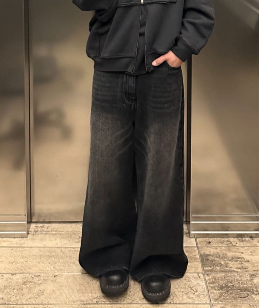 【MASON PRINCE】サイドベルト ワイドフレアデニムパンツ XS