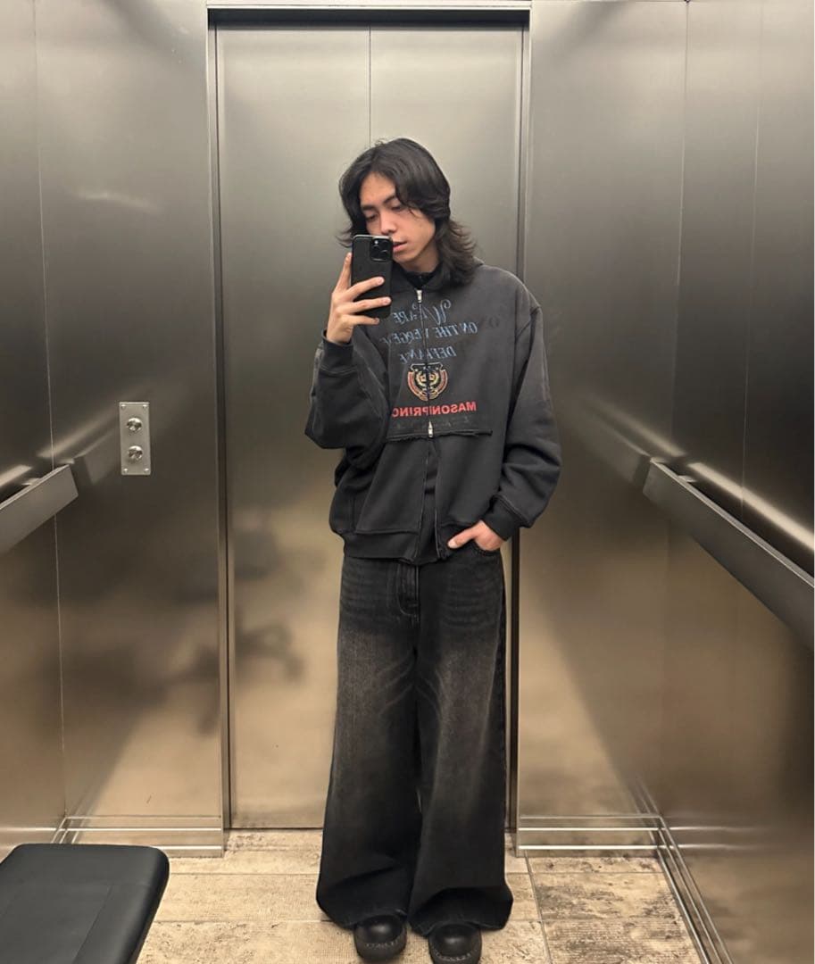 【MASON PRINCE】サイドベルト ワイドフレアデニムパンツ XS