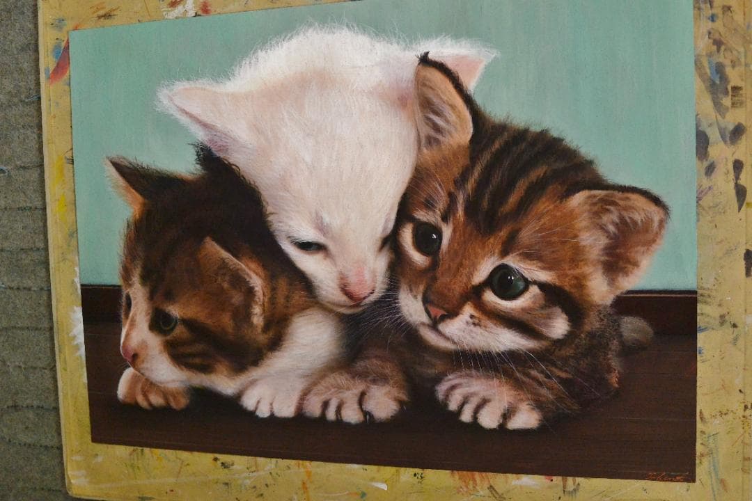 アクリル画　仲良し仔猫　Ａ２