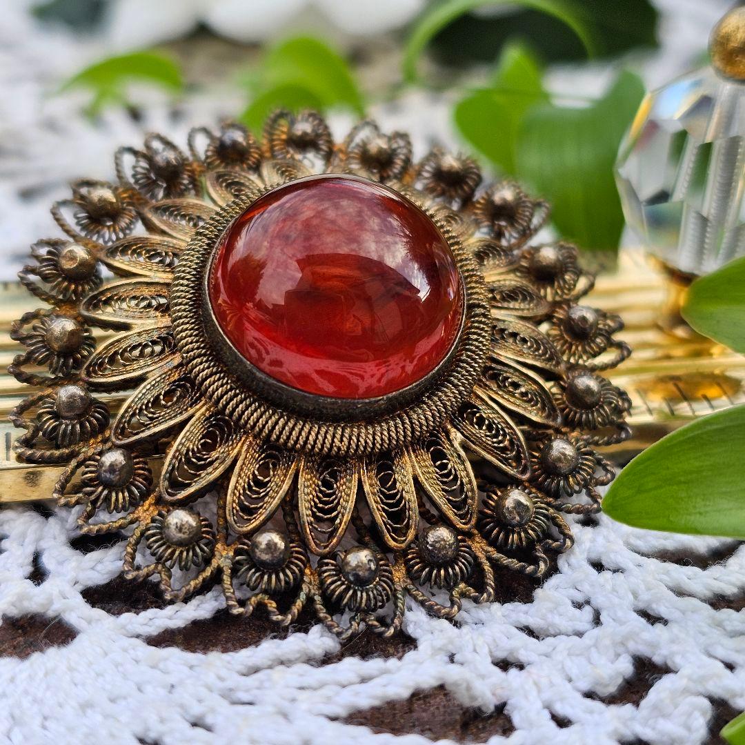 【255】 琥珀　アンバー　銀線細工　ヴィンテージブローチ