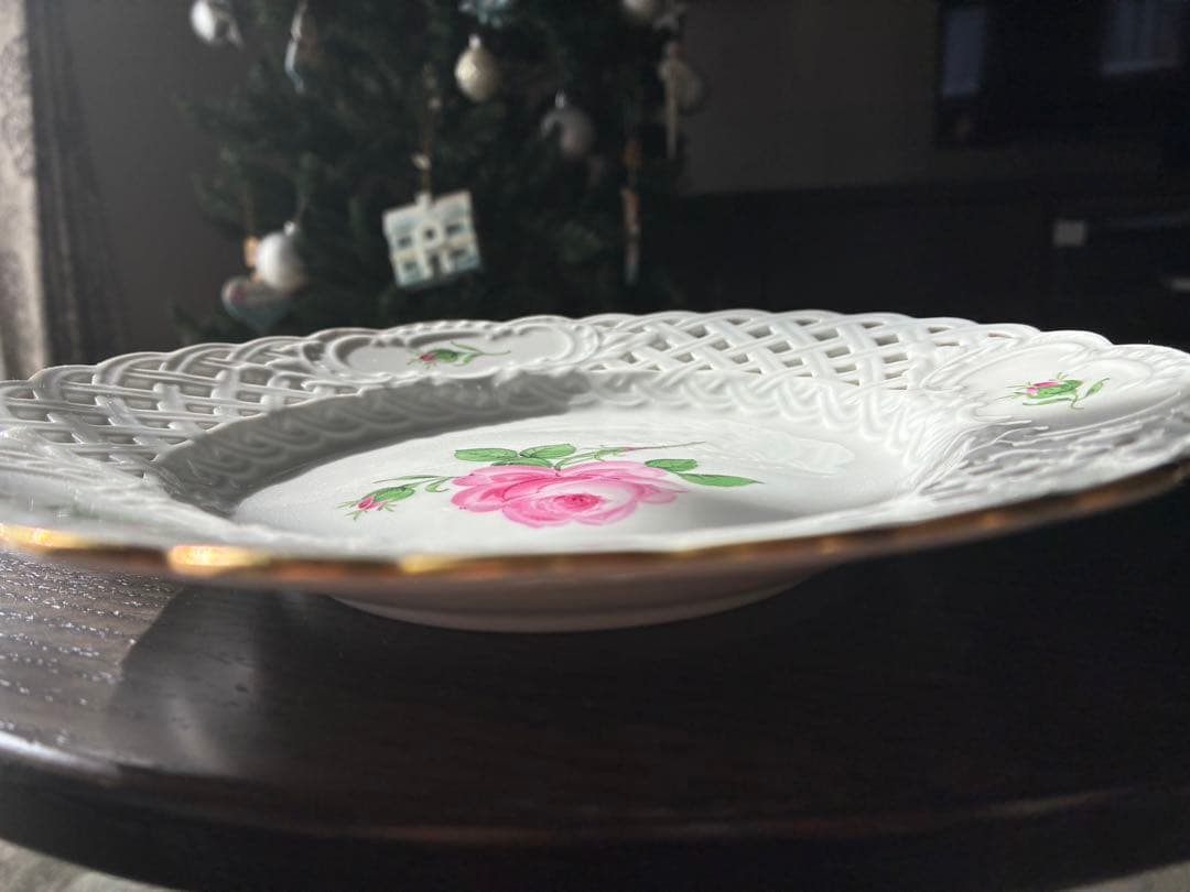 マイセン　ピンクローズ　21cm レースプレート 金彩エッジ